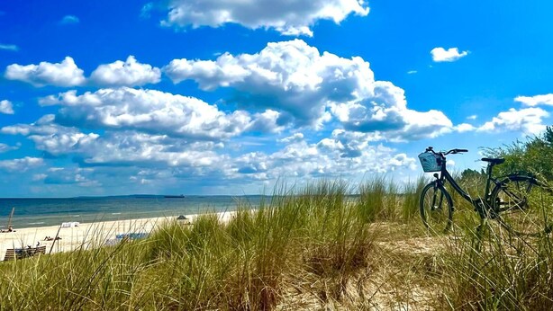 A beach with a bicycle leaning against the grass, a sandy path, and the ocean in the background.