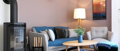 Smart TV, fireplace, books, music library