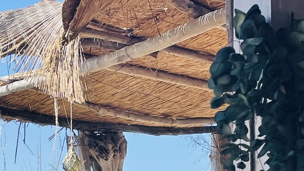 Een restaurant aan zee met een rustieke houten tafel en stoelen, een rieten dak en uitzicht op de zee en een eiland in de verte.