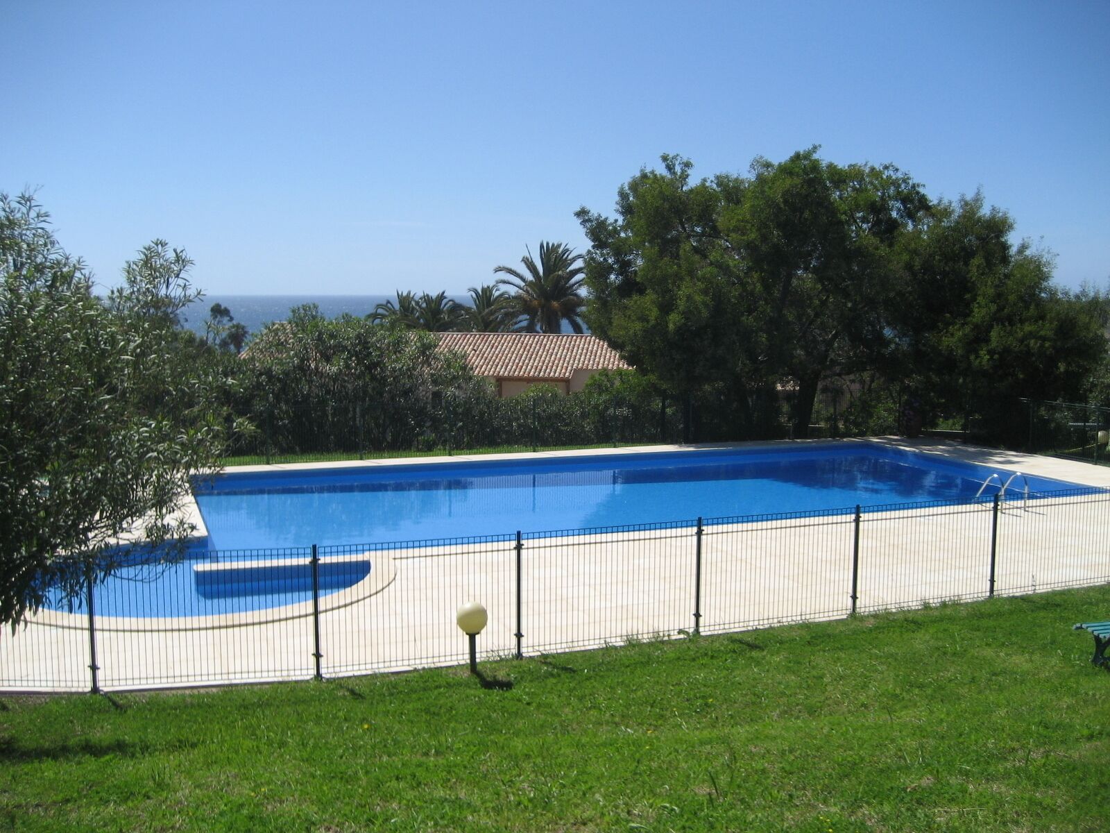 Una piscina rectangular rodeada de una valla, ubicada en una zona con césped, árboles y un edificio al fondo.