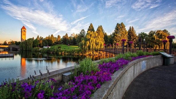 Ein Park am Flussufer mit einem Turm, Bäumen und violetten Blüten.