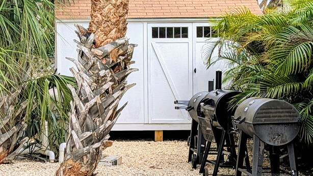A backyard with a barbecue grill, a white shed, and a palm tree. - Cozy 2-bed, 1-bath second-floor unit minutes from Indian Rocks Beach. Sleeps eight with full kitchen, WiFi, smart TV, beach gear, parking, and direct pool access. A comfortable, convenient stay for families and groups (Indian Rocks Beach)