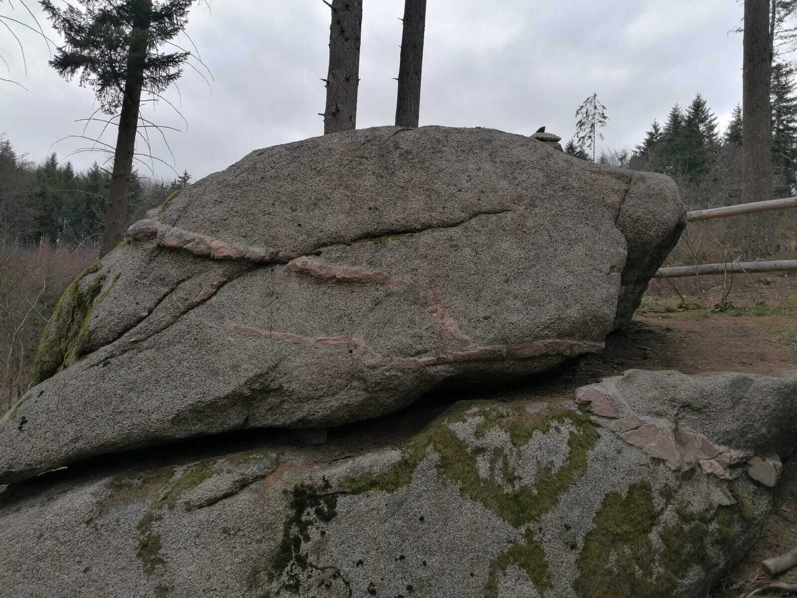 Una gran formación rocosa cubierta de musgo, rodeada de árboles y un cielo nublado.