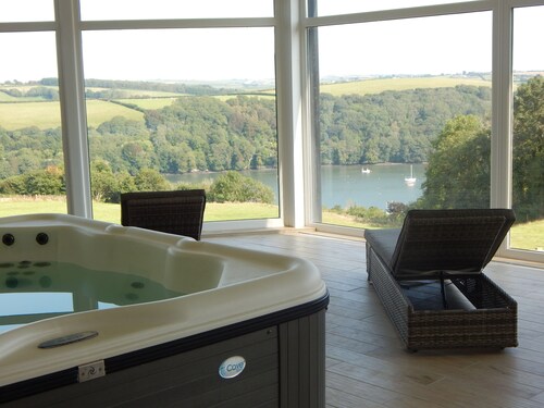 Beautiful spacious, split-level house near Fowey, heated swimming pool, hot tub