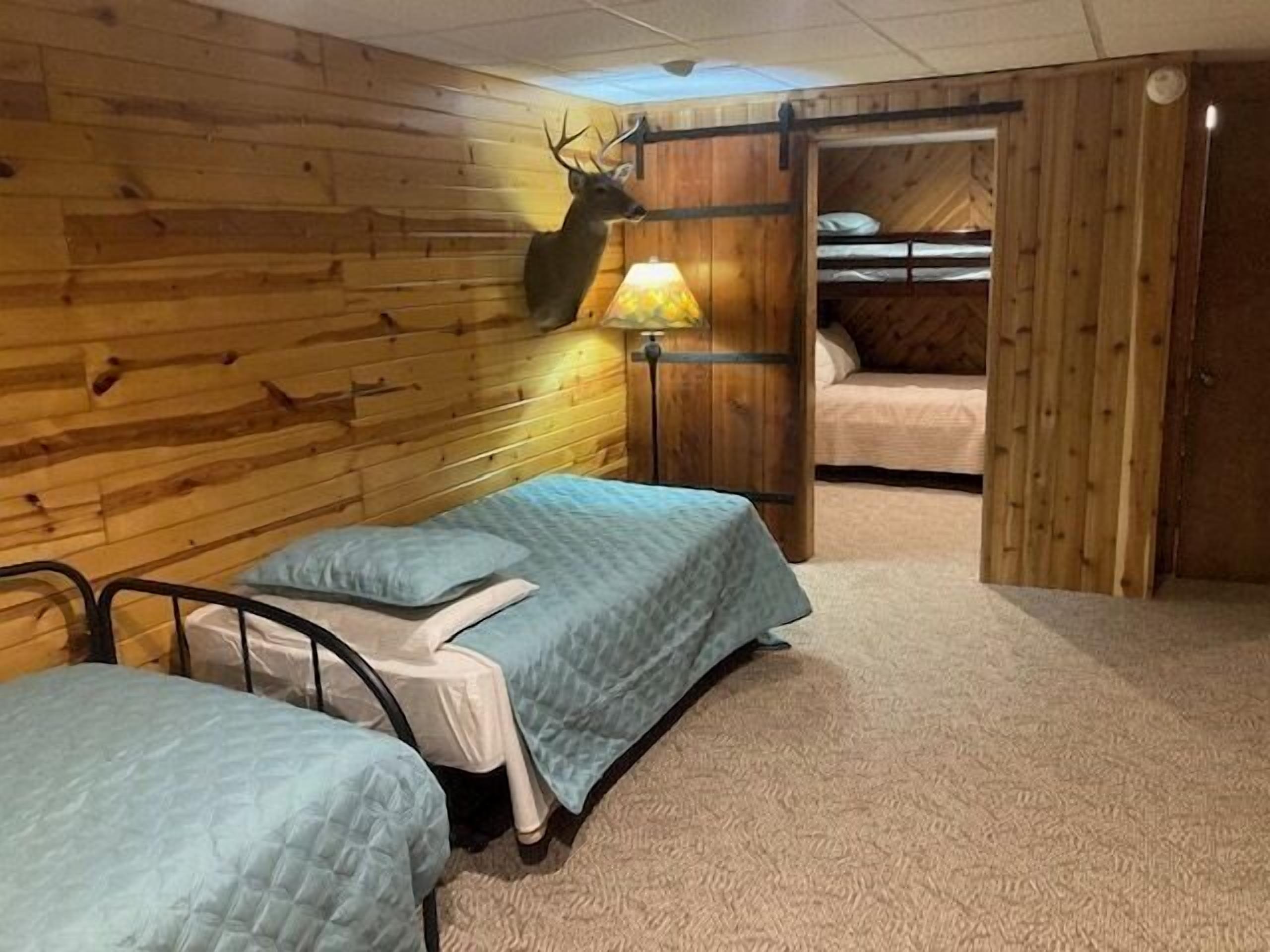A cabin-style room with two beds, a wooden wall, a mounted deer head, and a lamp.