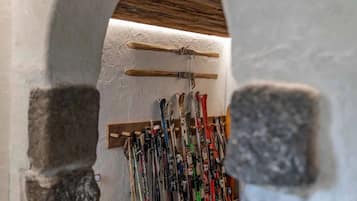 Ett skidställ med olika typer av skidor och stavar.