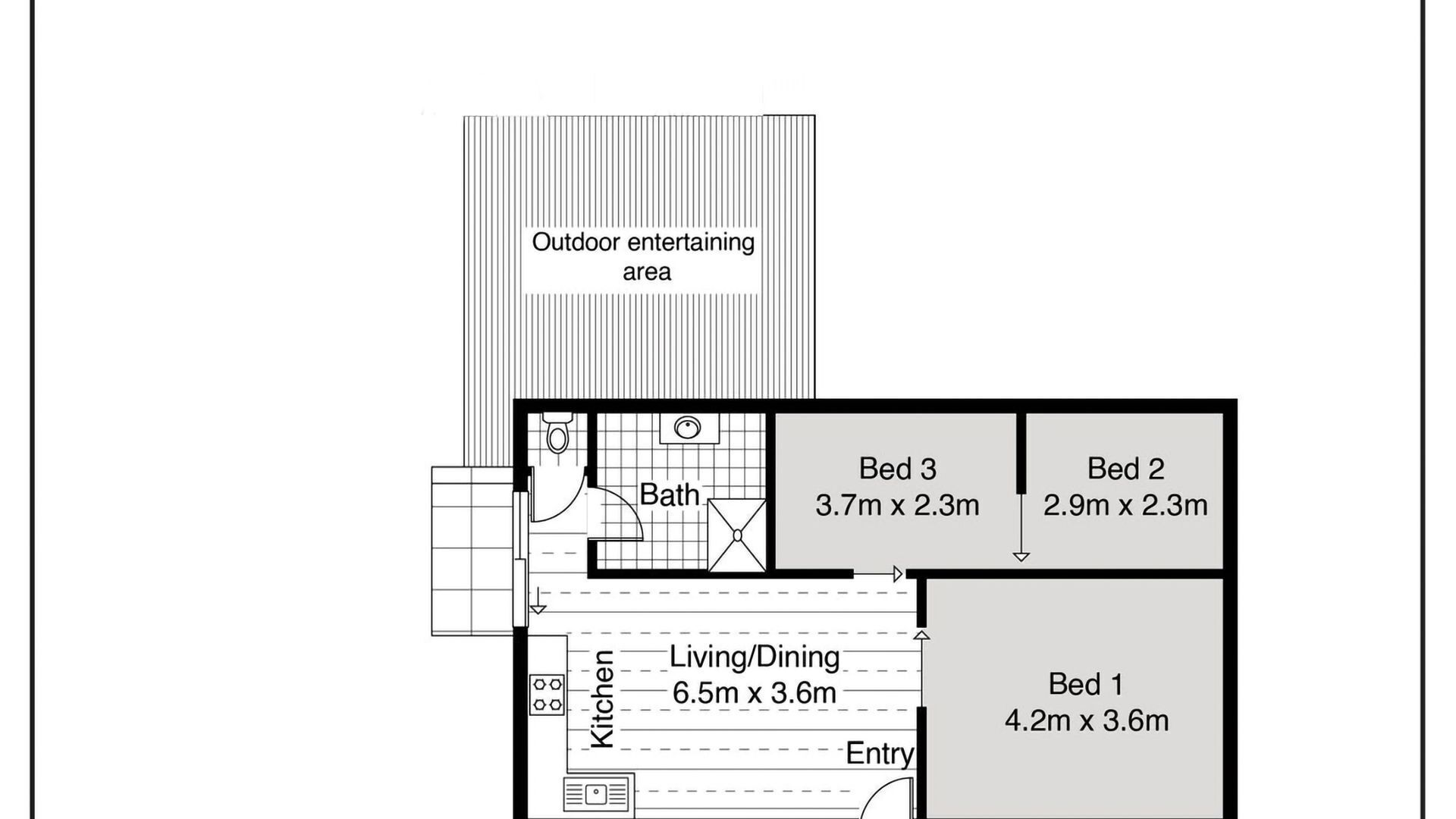 A floor plan with three bedrooms, a bathroom, a kitchen, and an outdoor entertaining area.