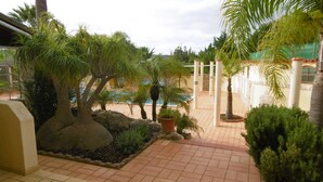 A paved pathway leading to a pool area with palm trees and potted plants. - Bungalow with apartment in a quiet location and large pool (Burgau)