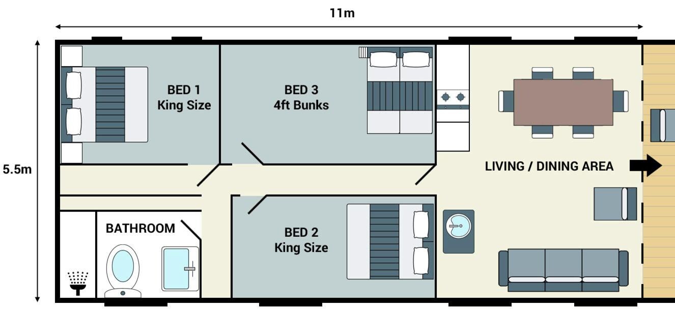 A hotel room layout with three king-sized beds, a bathroom, a living/dining area, and a veranda.