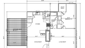En planritning över ett hus som heter ”The Calf Pen”, med ett kök, matsal, vardagsrum, två sovrum, ett badrum, ett förråd, en dusch, ett skafferi och ett garage.