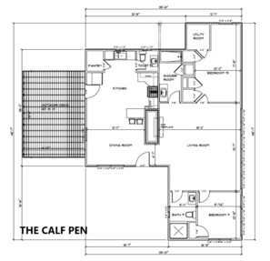 Plano de planta de una casa llamada "The Calf Pen" con cocina, comedor, sala de estar, dos dormitorios, un baño, cuarto de servicio, aseo, despensa y garaje.