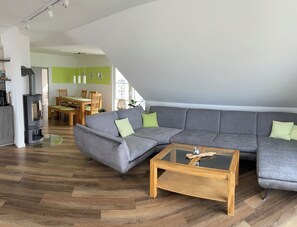 TV, fireplace, books - Vacation apartment Bernstein (Wiek)