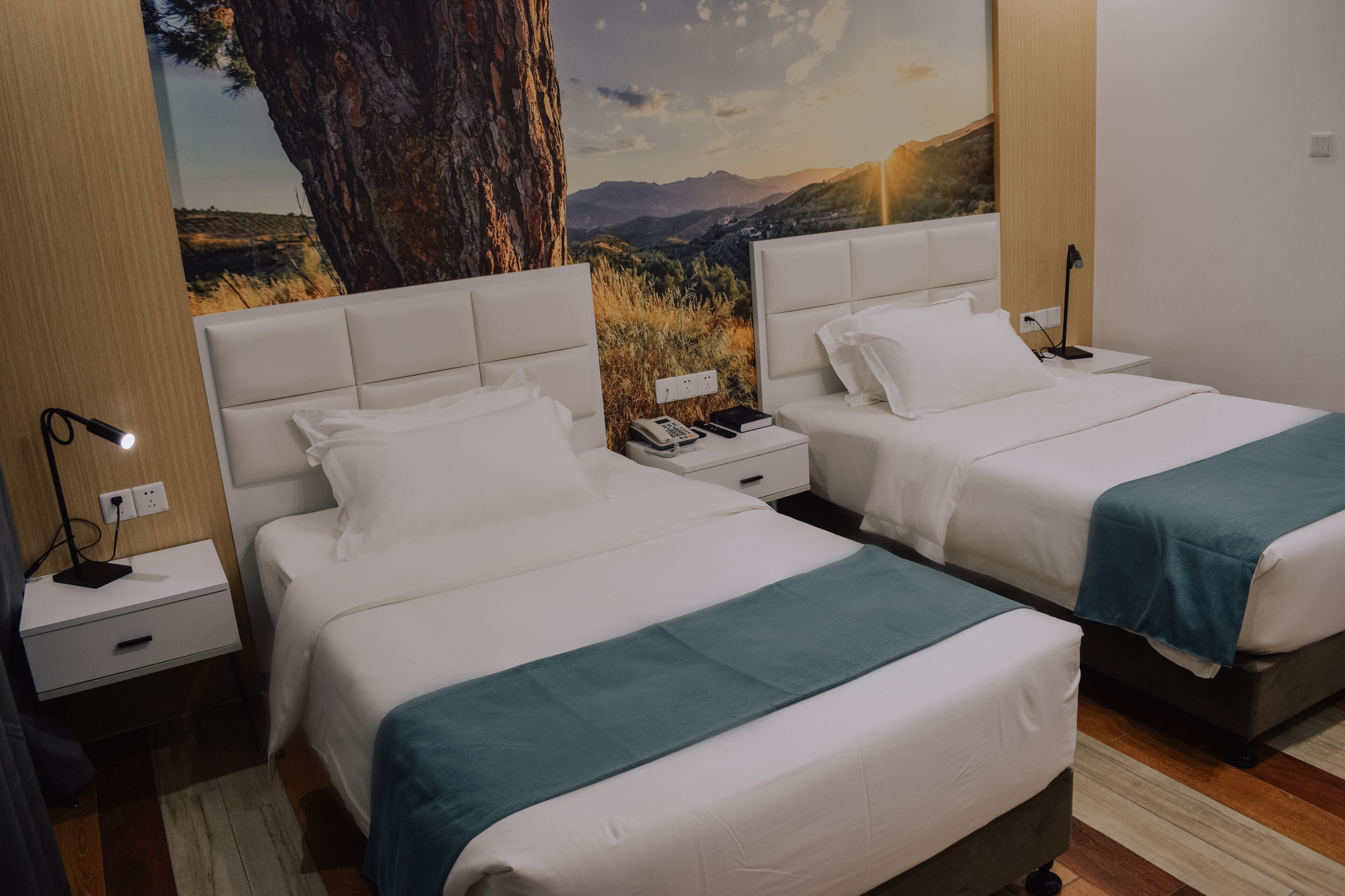 A hotel room with two beds, a nightstand with a lamp, a phone, and a wall mural of a landscape.