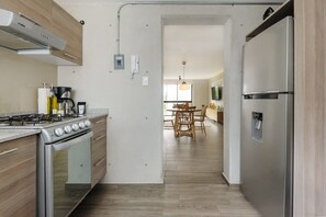 Fridge, microwave, oven, stovetop