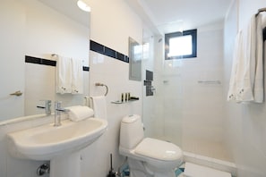 Douche, sĂšche-cheveux, serviettes fournies, shampoing