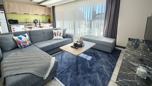 Ein modernes Wohnzimmer mit einem grauen Sofa, einem Holztisch und einem blauen Teppich mit Muster.