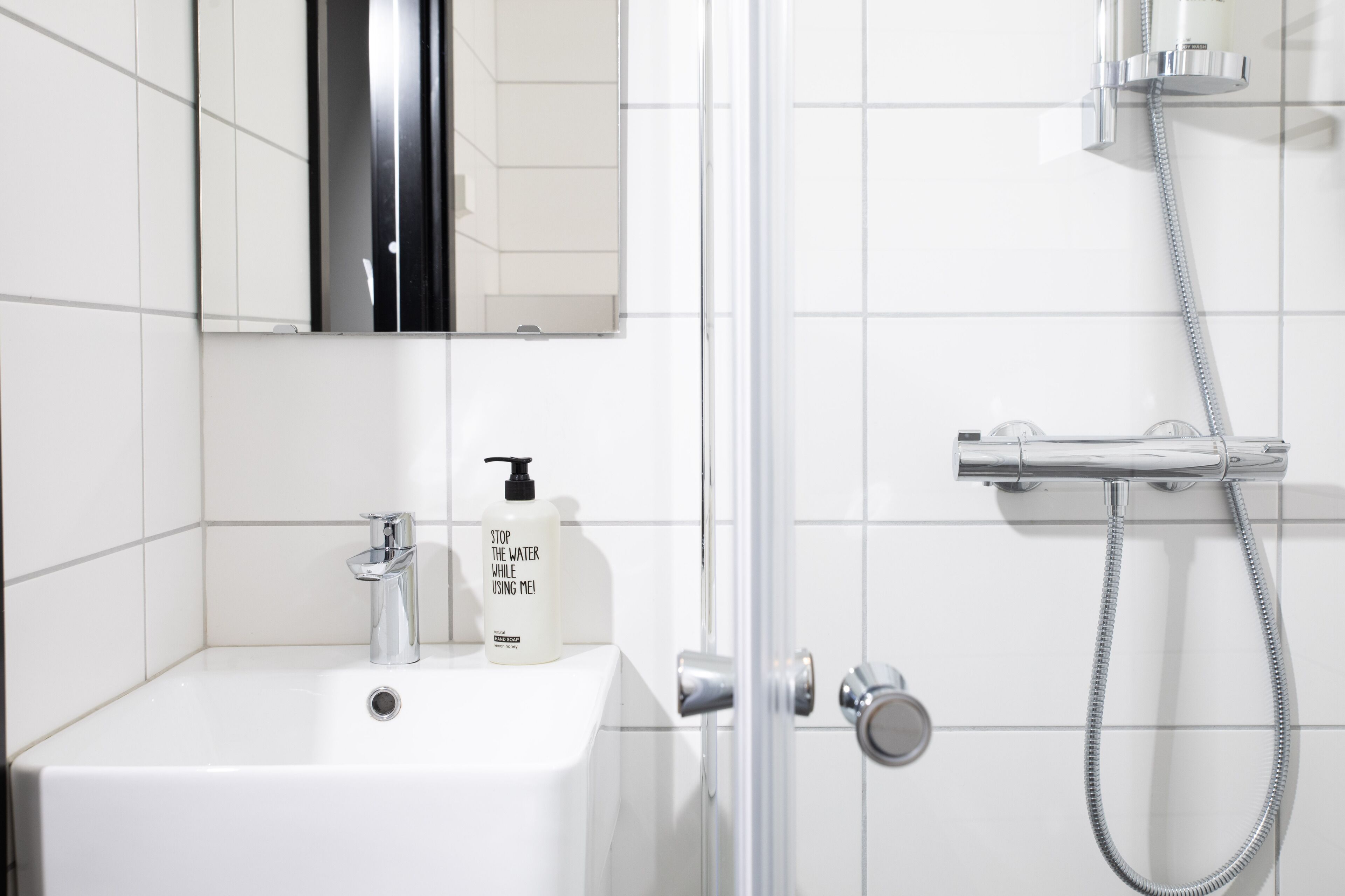 A modern bathroom with a white sink, a handheld showerhead, and a bottle of shampoo.