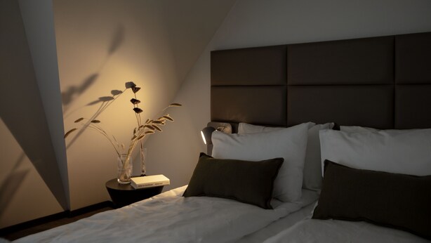 Een slaapkamer met een bed, kussens, een nachtkastje met een lamp en een potplant.