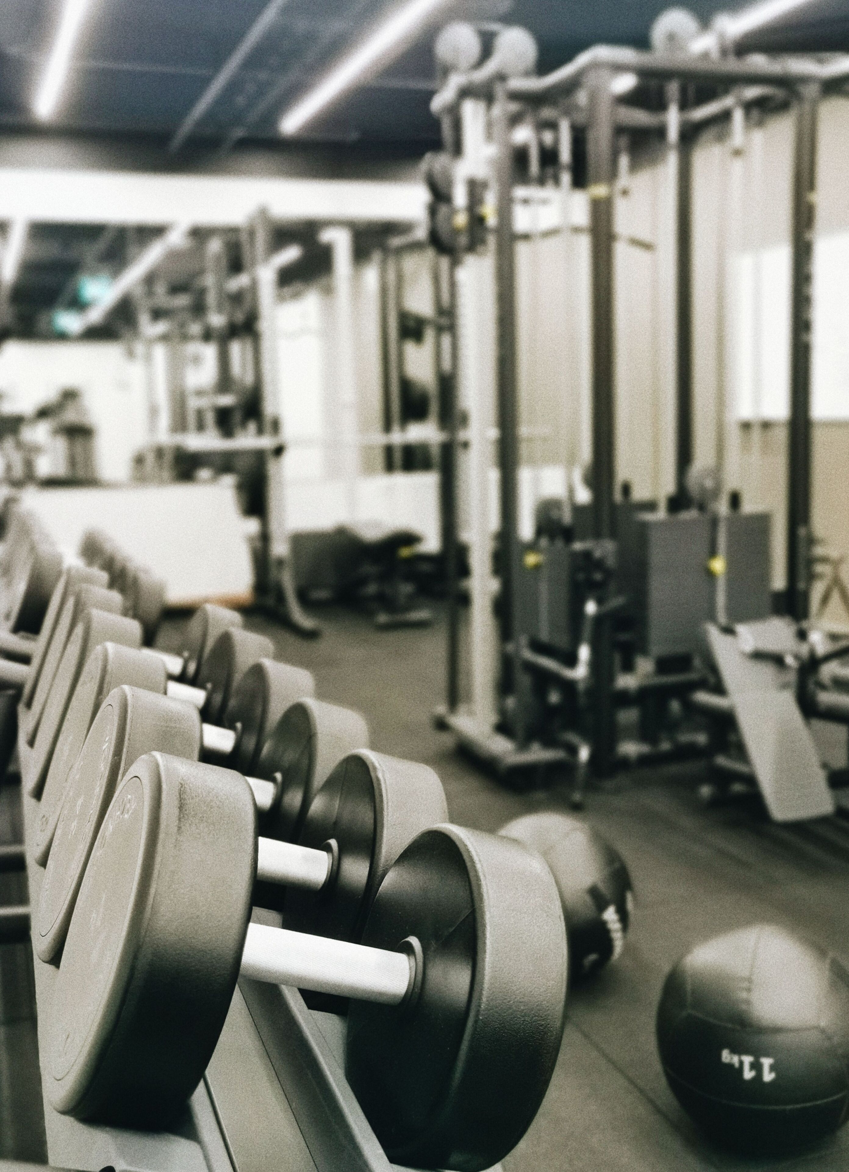 A row of dumbbells in a gym with exercise equipment in the background.
