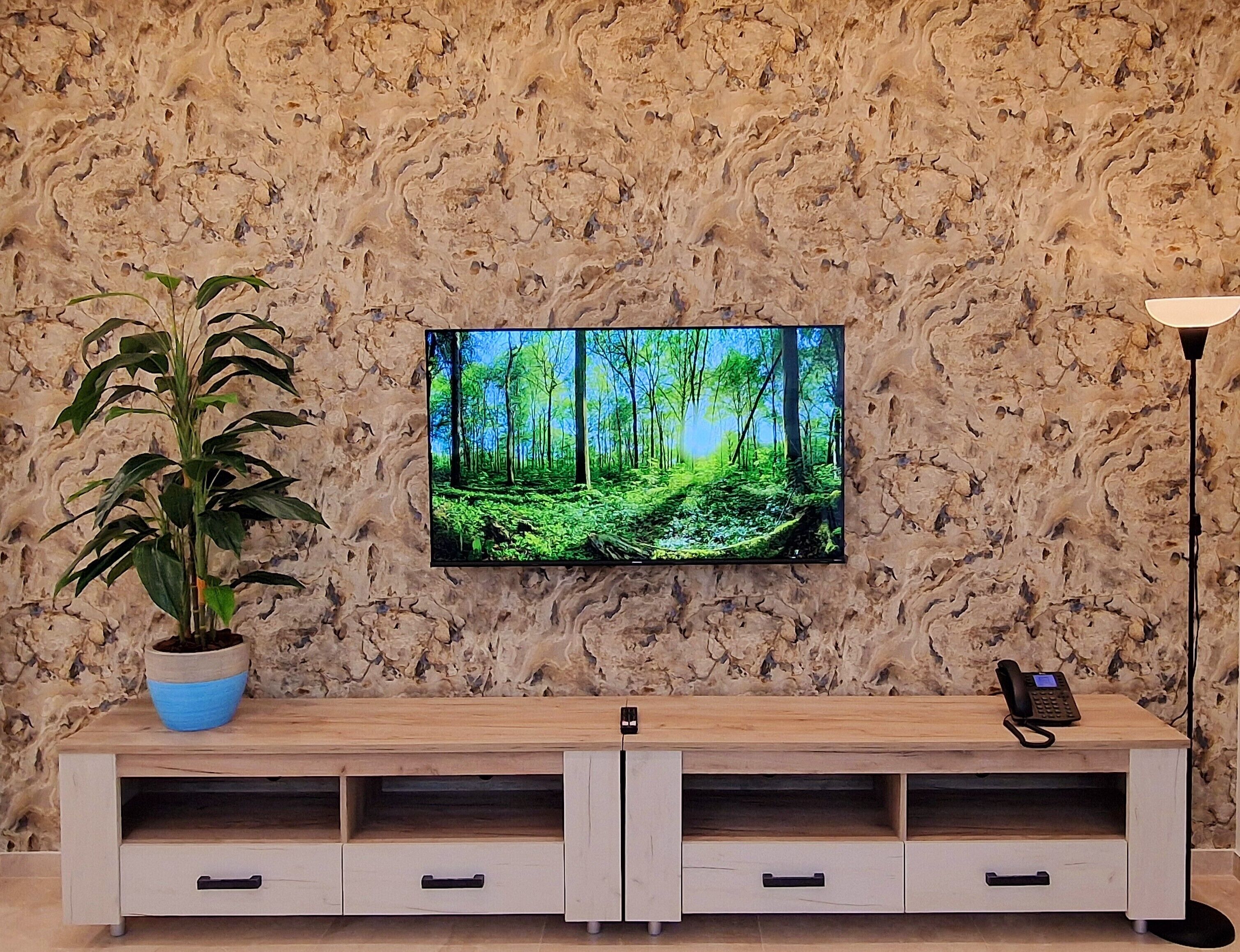 A wooden entertainment unit with a flat-screen TV displaying a forest scene, a potted plant, and a telephone.