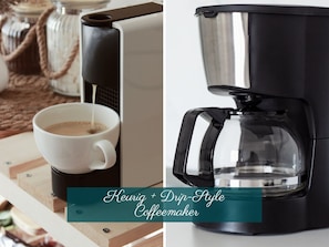 A Keurig Drip-Style Coffee Maker with a cup of coffee. - Fireside Retreat | Pet-Friendly, Hot Tub, Game Area & Fire Pit! (Black Mountain)