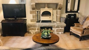 A living room with a stone fireplace, a television, a sofa, and a coffee table. - House 8 pers + 1 baby - PMR access - in Monts d'Arrée. (Pets welcome!) (Brennilis)