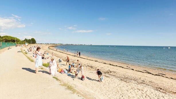 A beach with people sunbathing and walking along the shore.