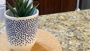 A kitchen with wooden cabinets, a granite countertop, and a potted plant on a coaster. - Caribbean Golf (Punta Cana)