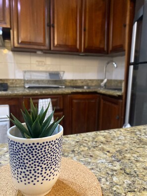 Departamento Confort, 2 habitaciones, en el área del jardín | Cocina privada | Refrigerador con congelador, microondas, horno y parrilla de estufa 