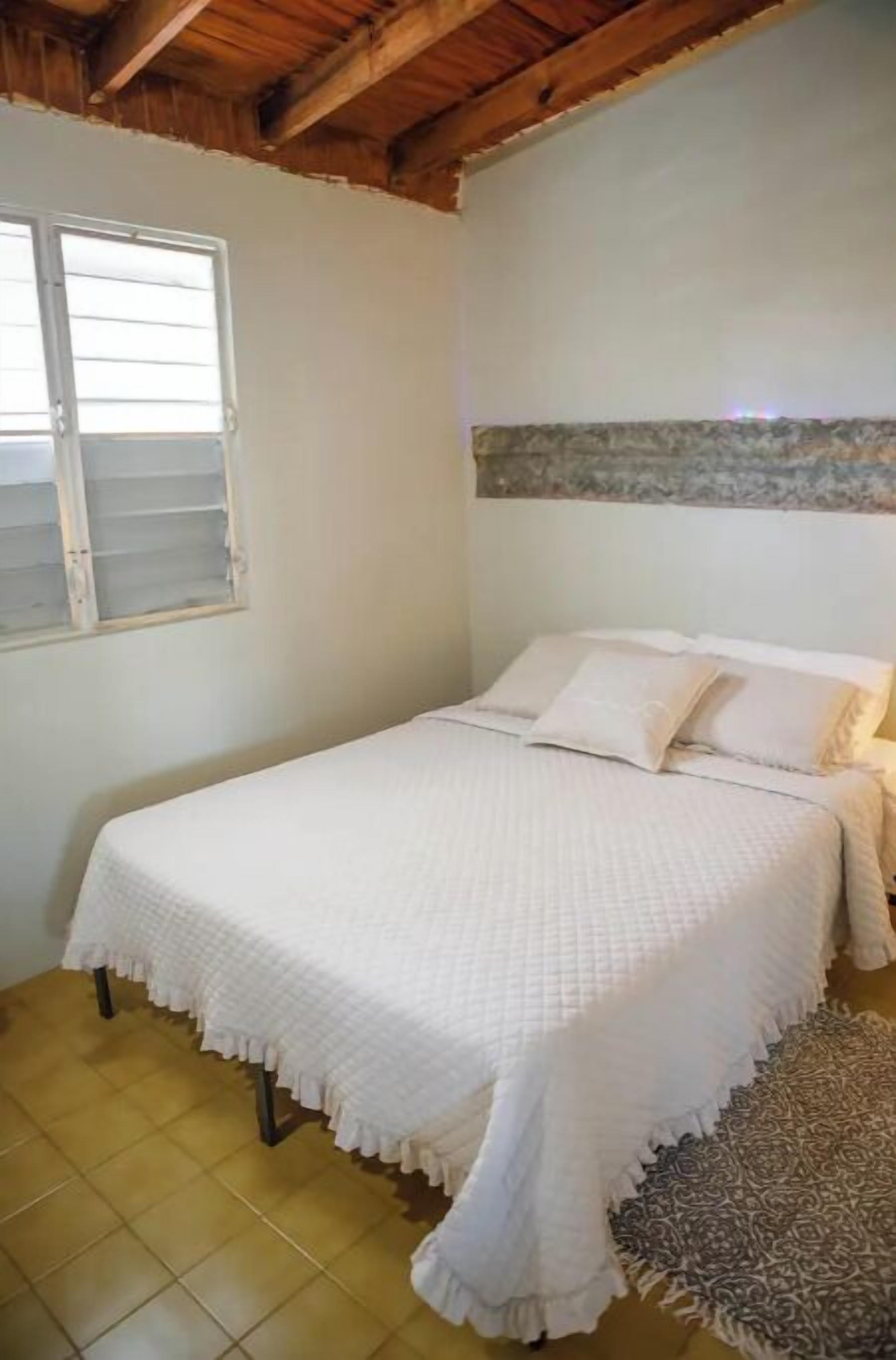 A bedroom with a bed, a window, and a patterned rug.