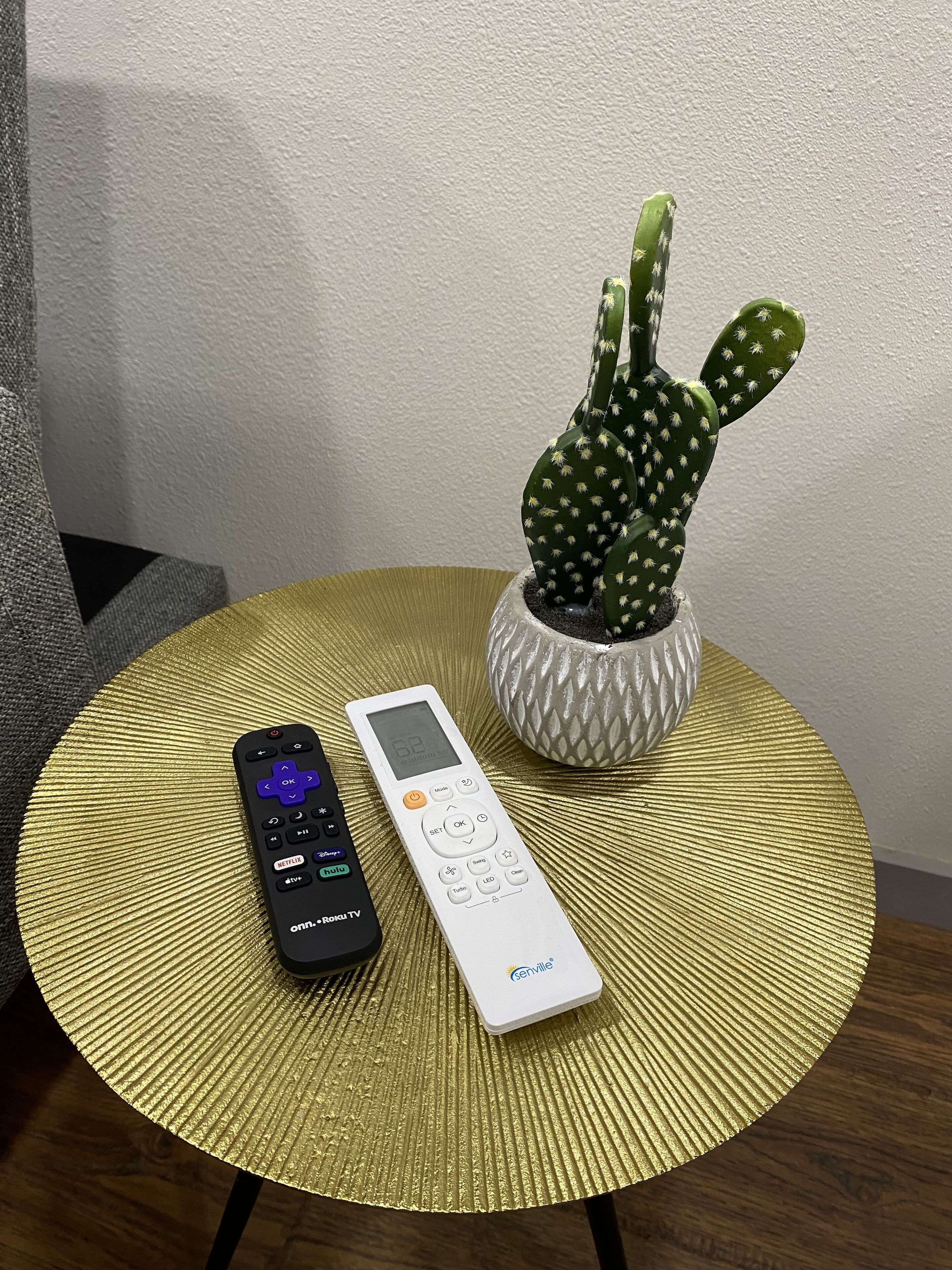 A remote control and a cactus on a round table.