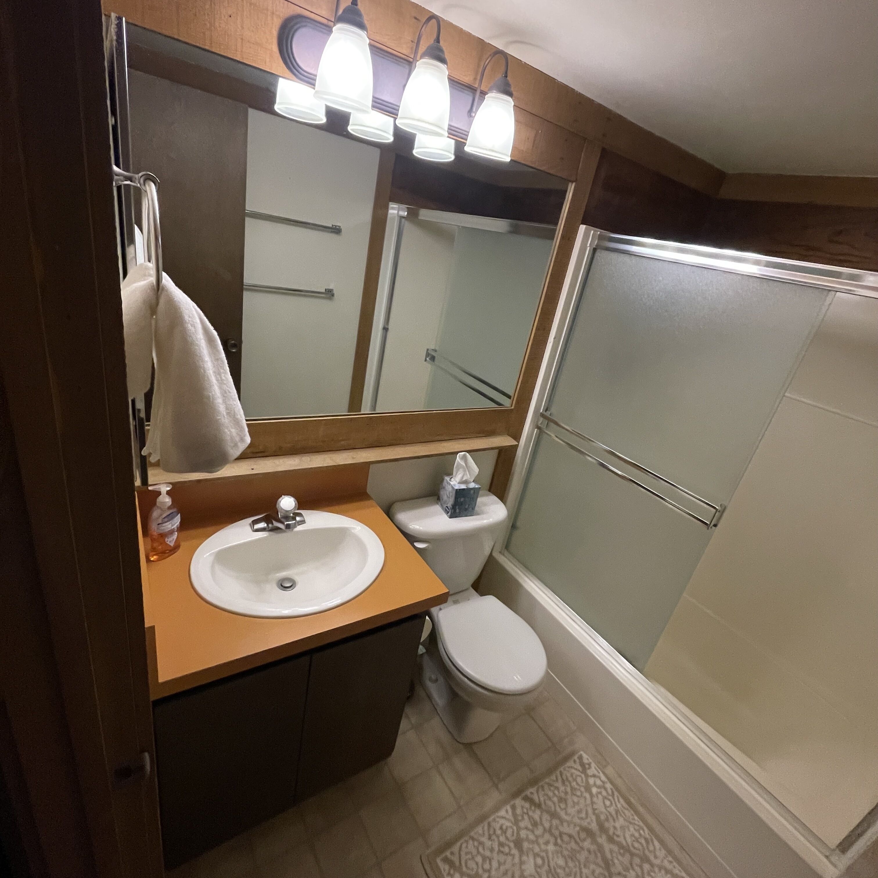 A bathroom with a wooden vanity, a sink, a mirror, a toilet, and a glass shower enclosure.