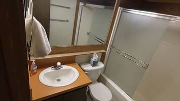 A bathroom with a wooden vanity, a sink, a mirror, a toilet, and a glass shower enclosure.