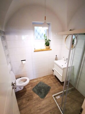Douche, sèche-cheveux, serviettes fournies, savon