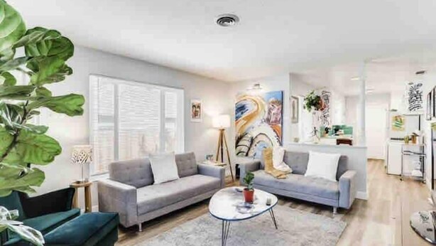 A modern living room with a grey sofa, a green armchair, and a coffee table. There is a large plant on the left and artwork on the walls. - Smart, Eclectic ART HOUSE near UC Davis Med Center (Sacramento)