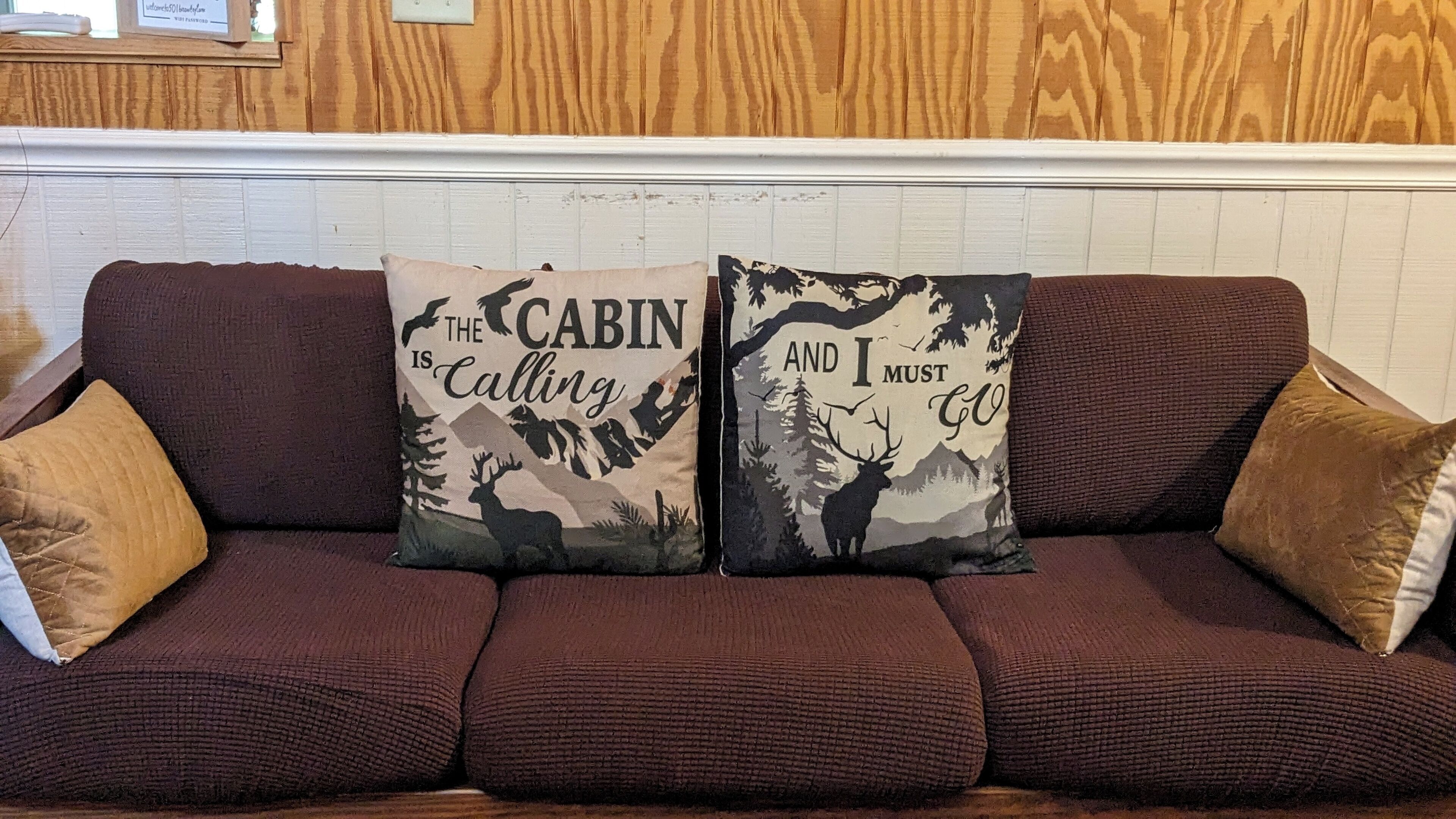 A brown sofa with two decorative pillows featuring wildlife and text.