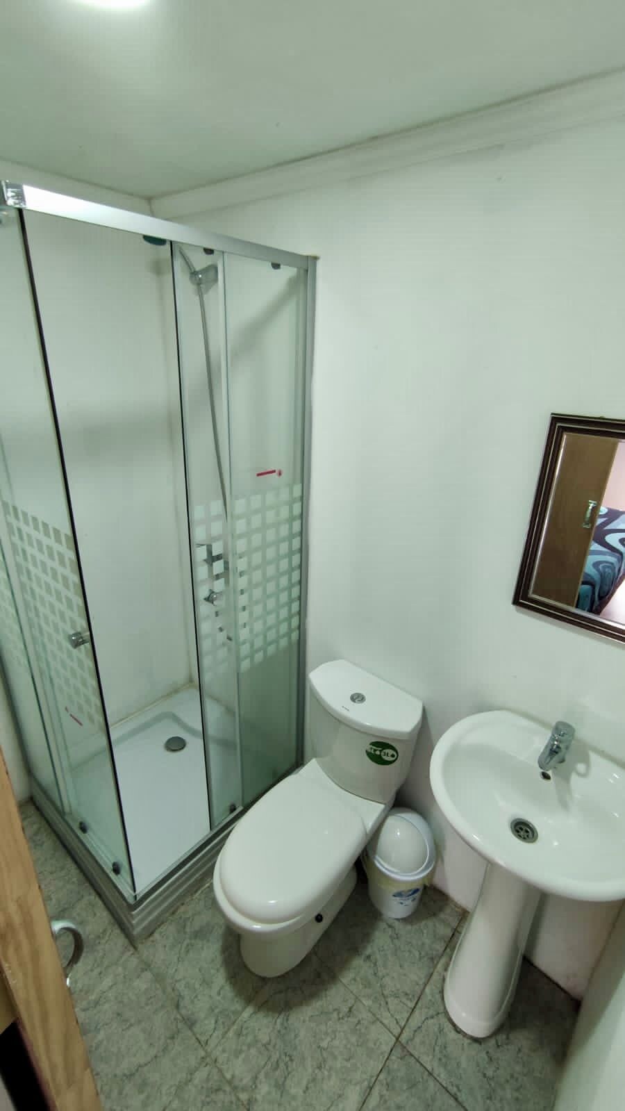 A bathroom with a glass-enclosed shower, a toilet, and a sink.