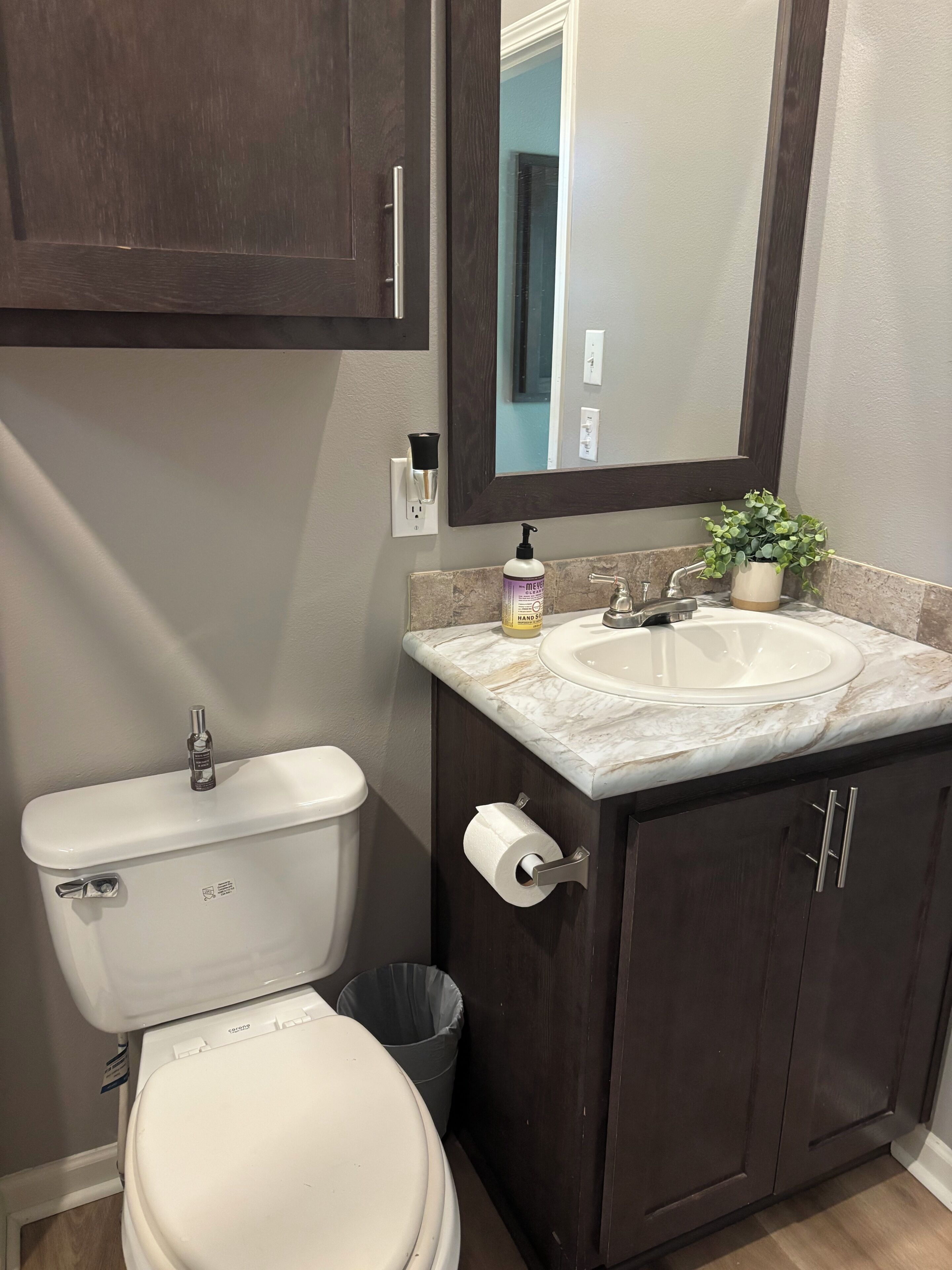 Un baño con inodoro, lavamanos y espejo.