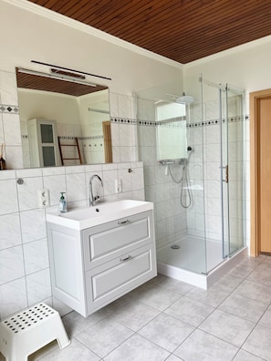 Shower, hair dryer, soap, toilet paper