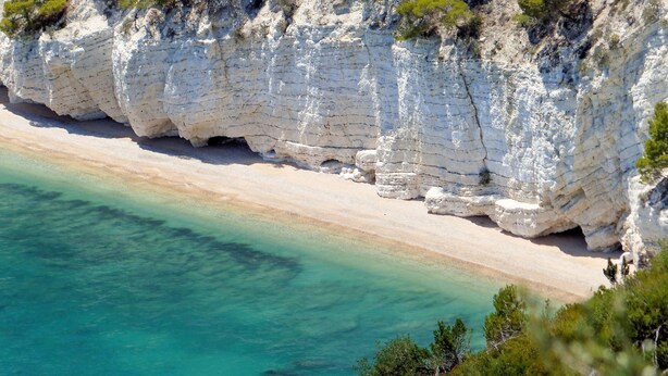 Eine Küstenlandschaft mit weißen Klippen und einem Sandstrand.