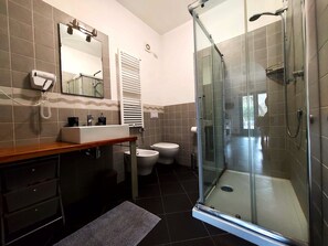 Een douche, een haardroger, een bidet, zeep