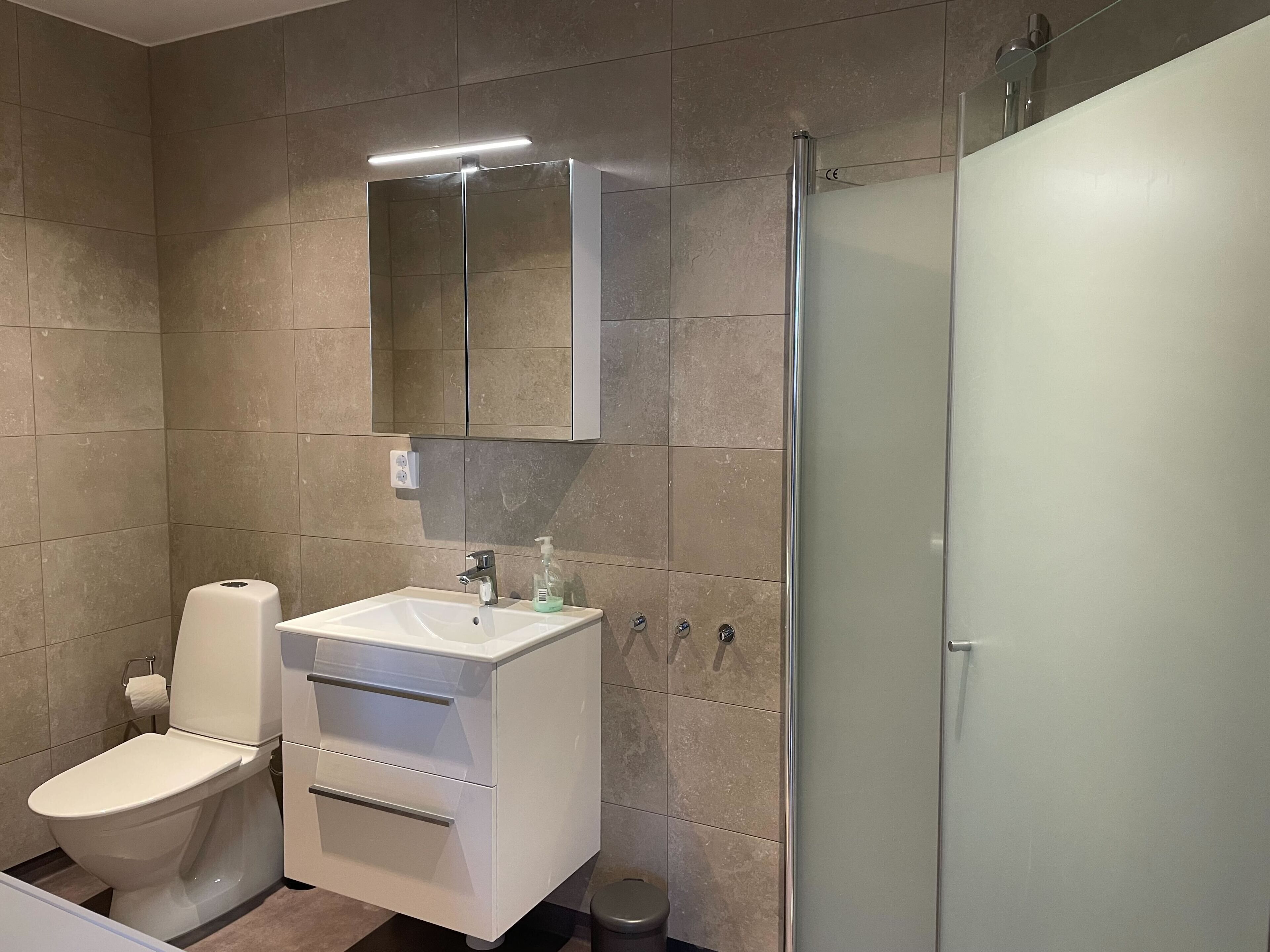 A modern bathroom with a toilet, sink, and mirror.