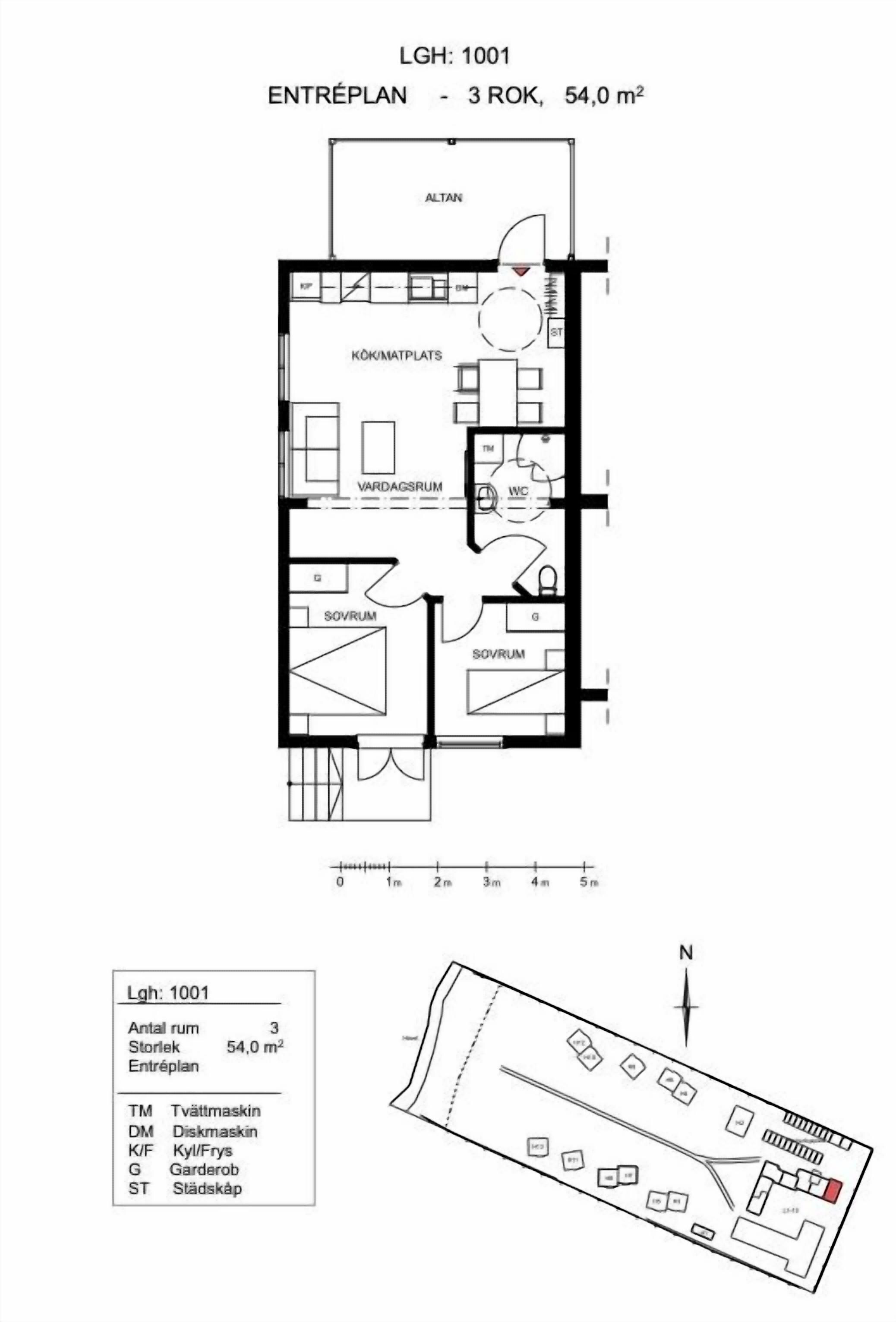 Grundriss einer 3-Zimmer-Wohnung mit 54,0 m² Gesamtfläche, inklusive Küche, Wohnzimmer und zwei Schlafzimmern.