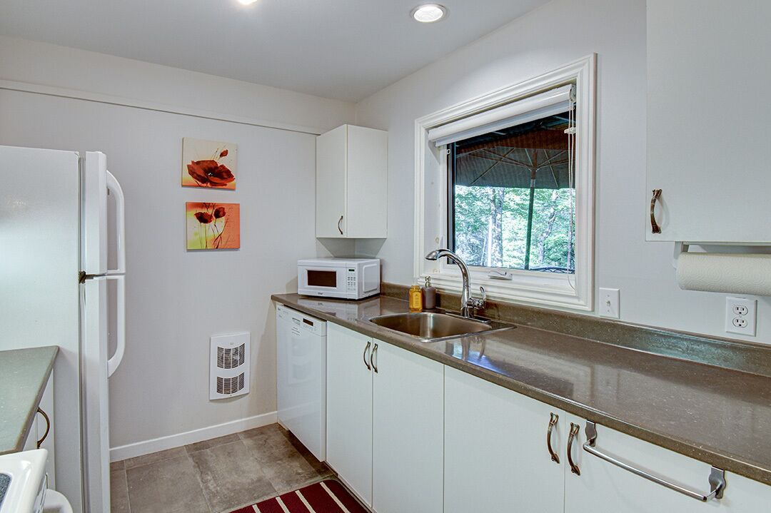 A modern kitchen with white cabinets, a stainless steel sink, a microwave, and a window with a view of trees.