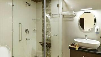 Shower, rainfall showerhead, towels