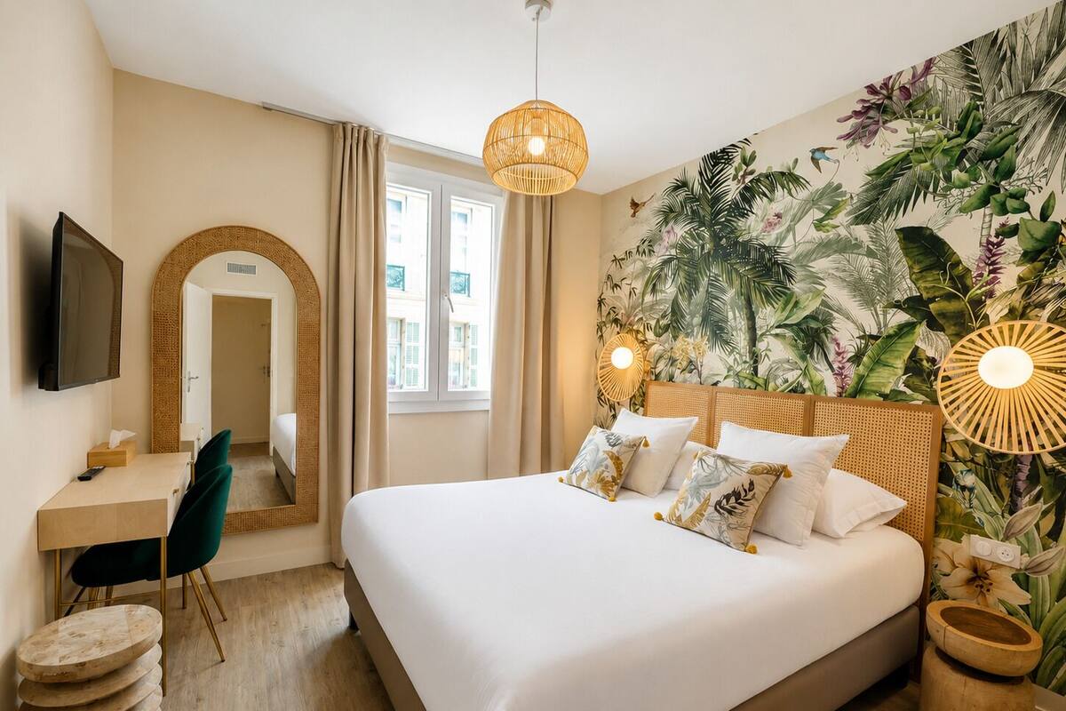 A hotel room with a bed, a desk, a chair, a television, and a large window.