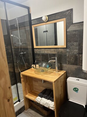 Sèche-cheveux, serviettes fournies, shampoing, papier toilette