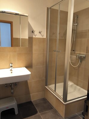 Shower, hair dryer, soap, toilet paper