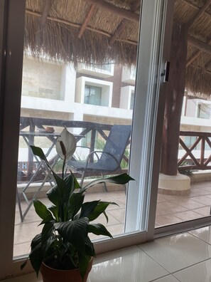 Een potplant in een kamer met een glazen deur die leidt naar een buitenruimte met rieten dak, stoelen en uitzicht op een gebouw met een pannendak.