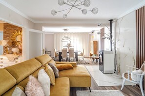 Televisión, chimenea y libros 